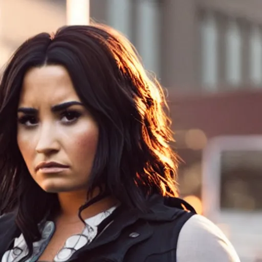 Image similar to close-up of Demi Lovato as a detective in a movie directed by Christopher Nolan, movie still frame, promotional image, imax 70 mm footage