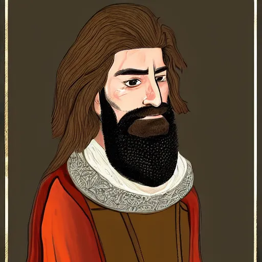 Prompt: a medieval nobleman with a long face, long brown hair and a closely - trimmed beard which is beginning to go grey. character art.