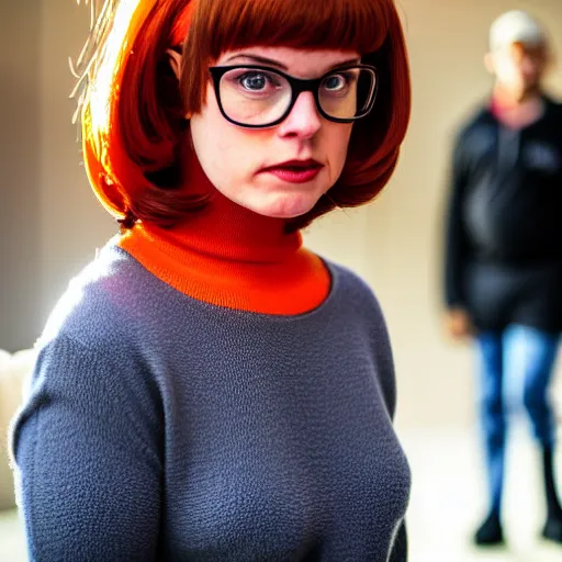 Image similar to Stunning Real Life Scene of Velma Dinkley wearing her iconic orange sweater from Scooby Doo in court for falsely accusing someone of being a criminal by Greg Rutkowski. She has beautiful eyes, Velma is a teenage female, with chin-length auburn hair and freckles. She is somewhat obscured by her fashion choices, wearing a baggy, thick turtlenecked orange sweater, with a red skirt, knee length orange socks and black Mary Jane shoes. Soft render, Pixiv, artstation