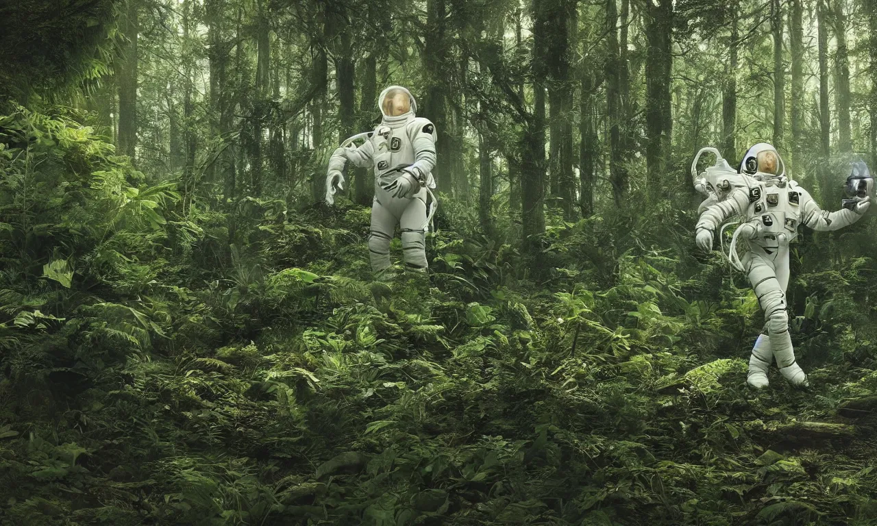 Image similar to prometheus astronaut in the forest with plants environment ,wide angle low, cinematic atmospheric lighthing, octane render, by craig mullin,