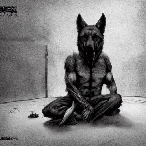 Image similar to a wounded humanoid german shepherd beast - man in military style, sitting on the carpeted floor beside a bed, highly detailed portrait, digital painting, artstation, concept art, smooth, sharp foccus ilustration, artstation