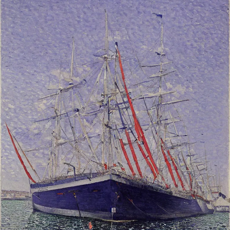 Prompt: a master gouache painting of a big ship docked at the harbor, sharp focus, very detaied, by gustave caillebottet