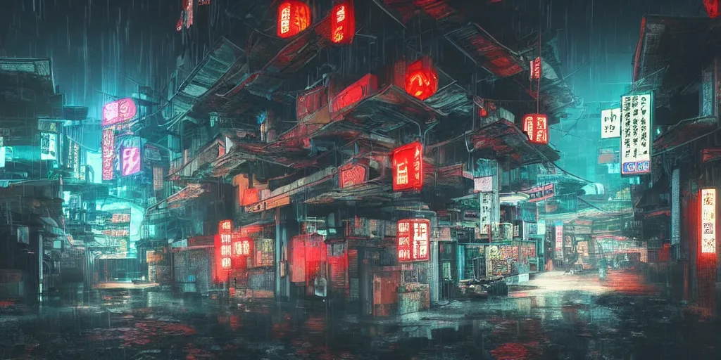 Prompt: “an ancient Japanese temple, shrouded in a cyberpunk city, during a rainy night, 4k, cinematic, neon lights, dark, hyperrealistic, trending of art station”