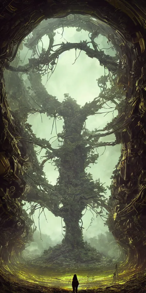 Image similar to humongous techno - tree portal on a big steampunk planet, spooky, art by pixar, smooth, beautiful art, masterpiece, artistic landscape, cinematic, wet reflections, ray tracing x, rtx, smooth