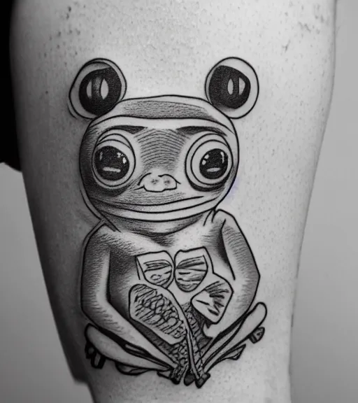 Prompt: tattoo design sketch of pepe the frog, faded background of beautiful mountains and nature on the side, hyper - realistic, in the style of den yakovlev, amazing detail, black and white