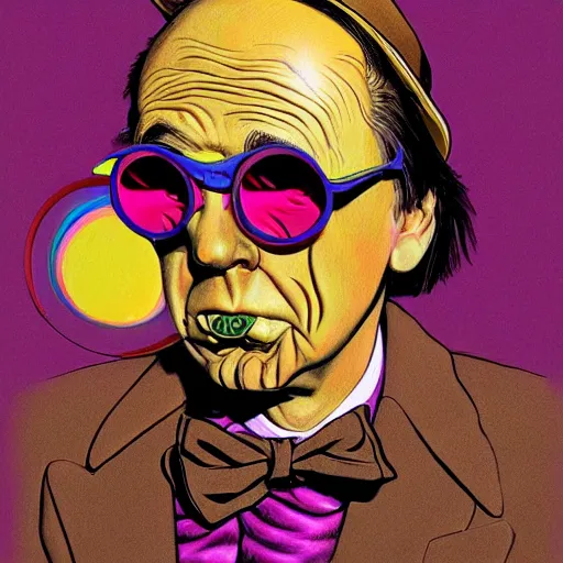 Prompt: graphic illustration, creative design, willy wonka, biopunk, francis bacon, highly detailed, hunter s thompson, concept art