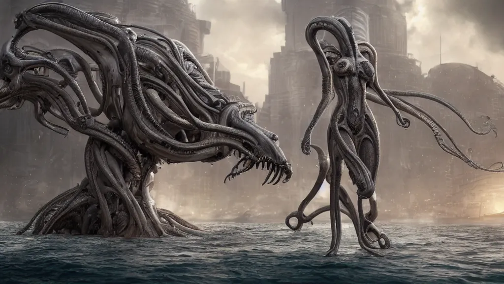 Image similar to 3D render of a crowd of miniature beautiful bioengineered female xenomorph hybrid posing in front of a gigantic city ruined underwater environment, omnious , elegant, reflections, focus, detailed, realistic eyes, horizontal partial symmetry body features proportions, intricate facial skin details, golden ratio, award winning, trending in cgsociety artstation deviant art, octane, by Tom Bagshaw and H.R.Giger