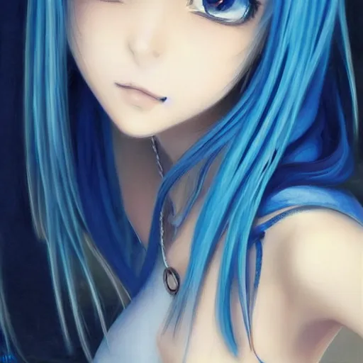 Image similar to Beautiful lonely girl, blue hair, symmetrically, smiling, anime style, pixiv, pinterest anime, full color, colorful, artist Steve Hanks, artist Alyssa Monks, endless summer art, artist WLOP artstation, artist Mam BA artstation, artist Arata Yokoyama, real photo, very detailed, realistic proportions, knowledge of anatomy, anatomy for beginners, true proportions, artstation trends, octane render, ray tracing, volumetric light