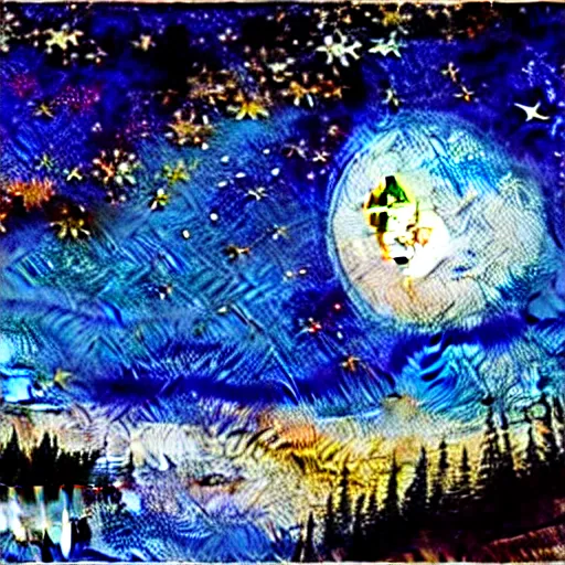 Prompt: a variety of sparkly landscapes at night with stars and a full moon, by bob ross, by leonardo davinci, watercolor, wet on wet, on canvas, starry night