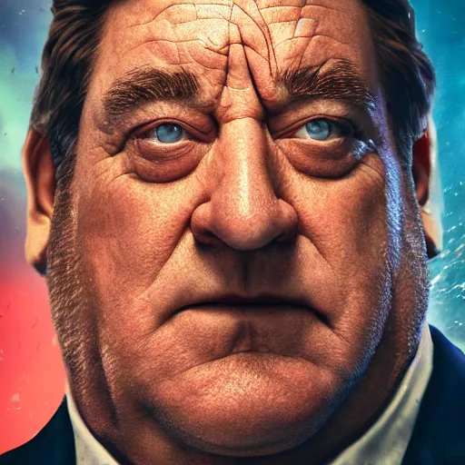 Image similar to Portrait of John Goodman as Batman, splash art, movie still, cinematic lighting, dramatic, octane render, long lens, shallow depth of field, bokeh, anamorphic lens flare, 8k, hyper detailed, 35mm film grain