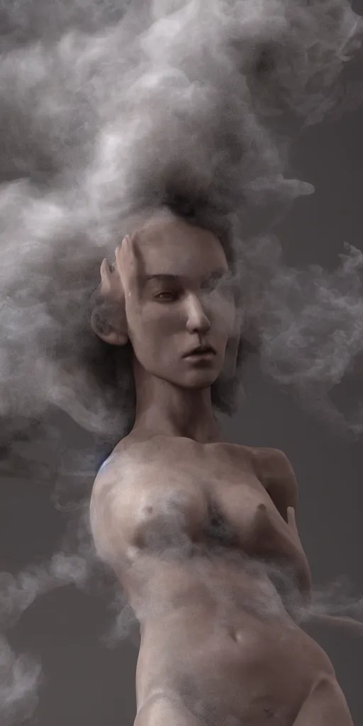 Image similar to a goddess with many arms obscured by whisps of smoke and dust particles, highly detailed, hyperrealism, octane render