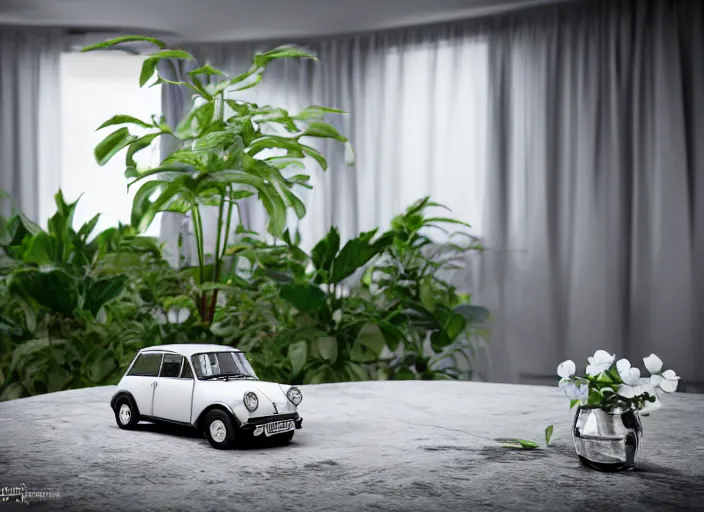 Image similar to a small miniature of a Mini Cooper S 1963 on a white table near a vase with a plant, 3d render, octane render, unreal engine 5, path tracing, serene landscape, calm, relaxing, beautiful landscape, highly detailed, high quality, 4k, symmetrical, low contrast