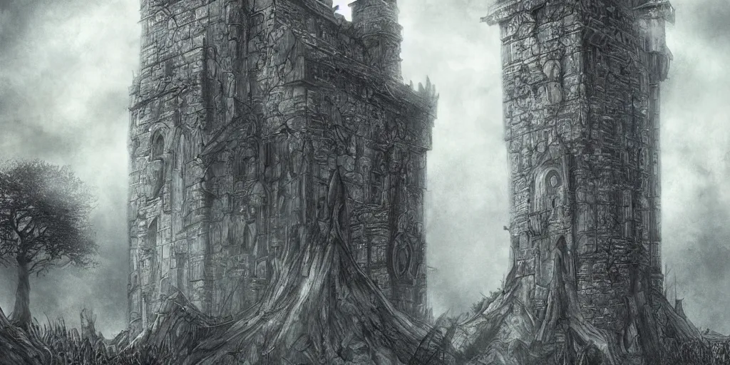 Prompt: an archaic tower looming over a grove of ancient trees, in the style of ayami kojima and kentaro miura, grim, thick mist, cracked walls, realistic digital painting, realistic colors, medieval, dark fantasy, very detailed