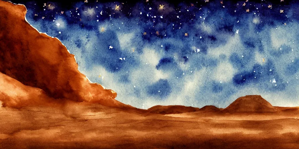 Image similar to desert with sky with stars in watercolor, cinematic, highly detailed wide, atmospheric lighting