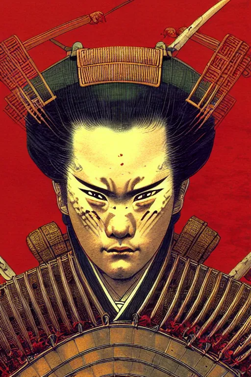 Image similar to japanese shogun, character portrait, portrait, close up, concept art, intricate details, highly detailed, blood moon background, soft light, vintage sci - fi poster, in the style of chris foss, rodger dean, moebius, michael whelan, and gustave dore