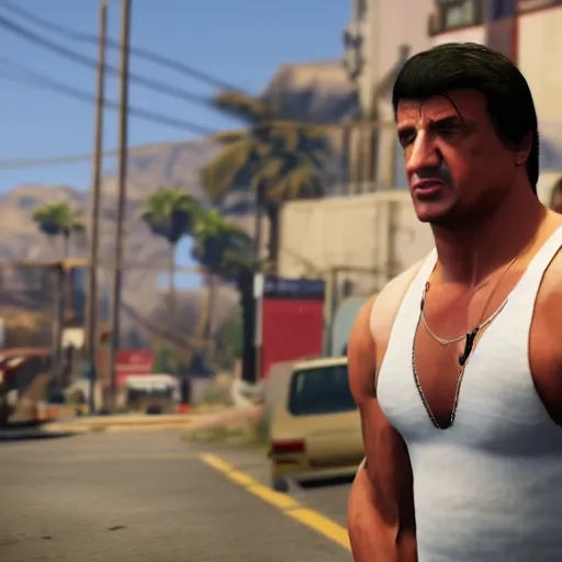 Prompt: sylvester stallone in grand theft auto 5, unreal engine, 8 k, octane render,
