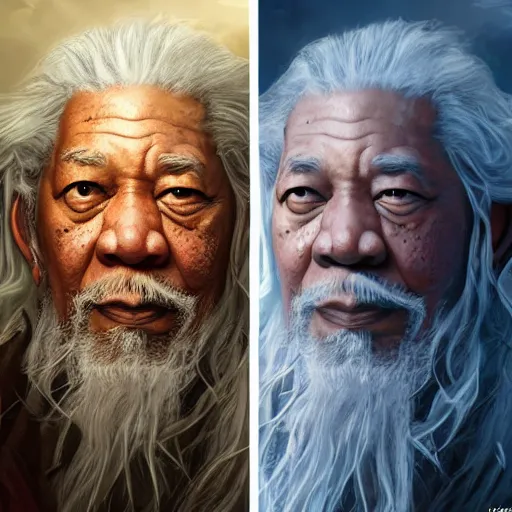 Image similar to morgan freeman starring as gandalf in lord of the rings, made by stanley artgerm lau, wlop, rossdraws, artstation, cgsociety, concept art, cgsociety, octane render, trending on artstation, artstationhd, artstationhq, unreal engine, 4 k, 8 k