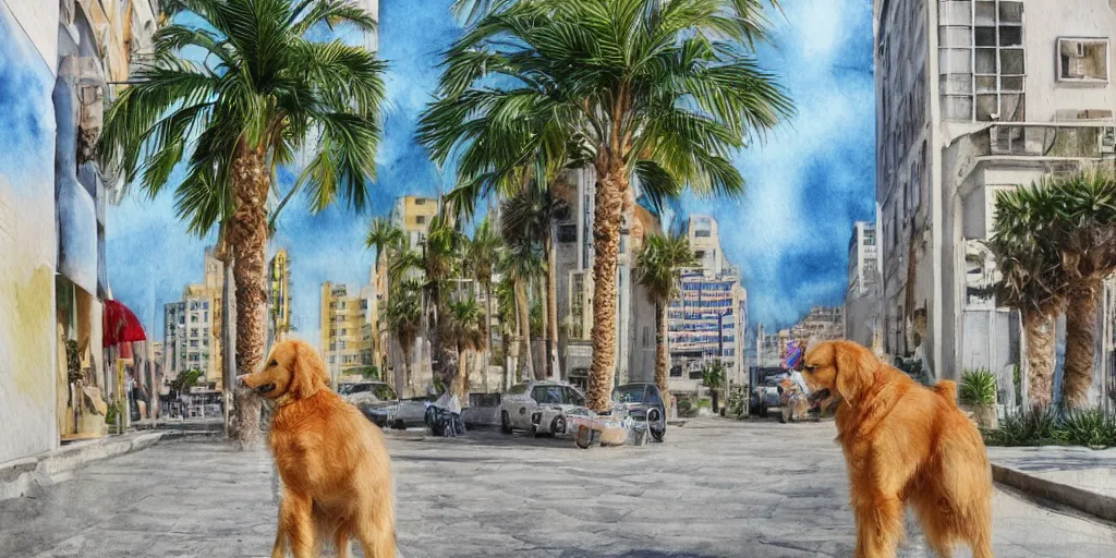 Image similar to photoreal golden retriever dog standing in tel aviv street looking at the camera. palm trees. optimistic. digital art. watercolor. highly detailed. drawing. art. colorful. fluffy