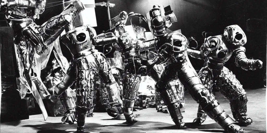 Image similar to old photo of robot ninja fighting robots by akira kurosawa