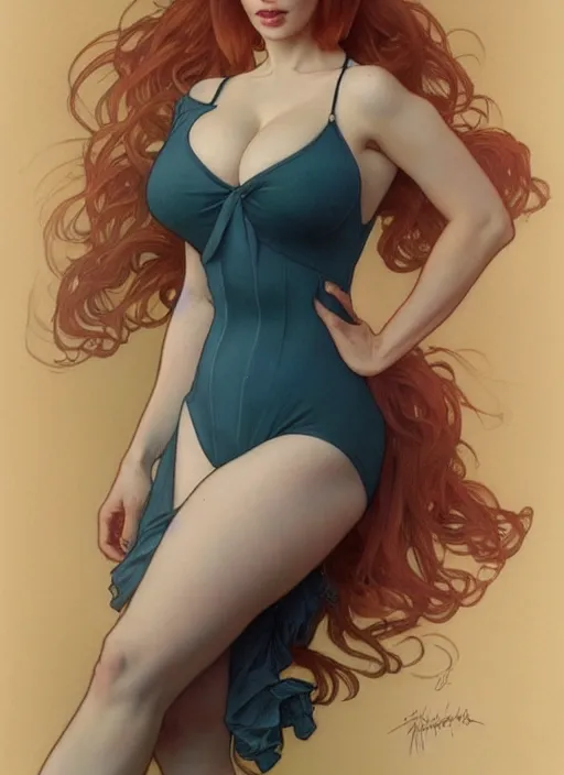 Image similar to full body portrait of christina hendricks in elegant leotard portrait by artgerm and greg rutkowski and alphonse mucha, trending on artstation, cinematic light, pastel colors, volumetric shading, high radiosity dull skin, global illumination, radiant light, soft light, soft color dodge, subsurface scattering