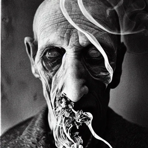 Image similar to photographic portrait of wrinkly sad max ernst dried melting floral fungus with spiraling cigarette smoke, in fog, medium long shot