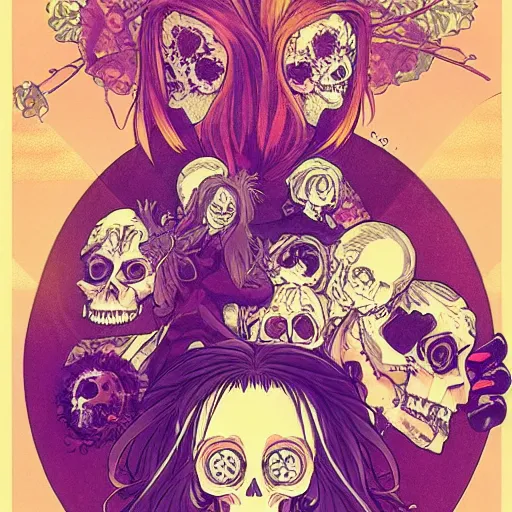 Image similar to anime manga skull portrait girl female skeleton illustration sunset outrun art Geof Darrow and Ashley wood and Ilya repin and alphonse mucha pop art nouveau