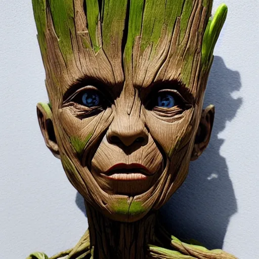 Image similar to sculpture of Groot by Sandra Chevrier