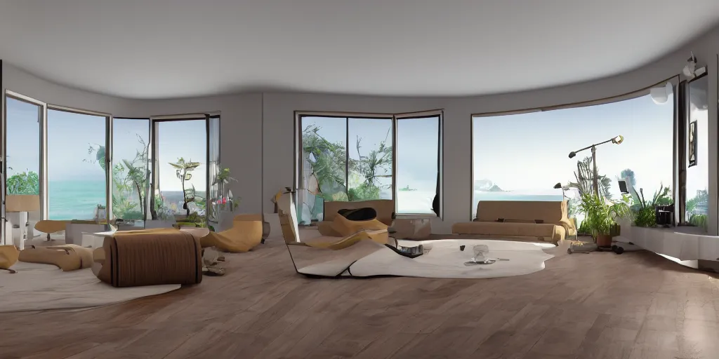 Image similar to Equirectangular GoPro VR render of a modern living room, natural colors, ambient occlusion, national geographic, 8k uhd