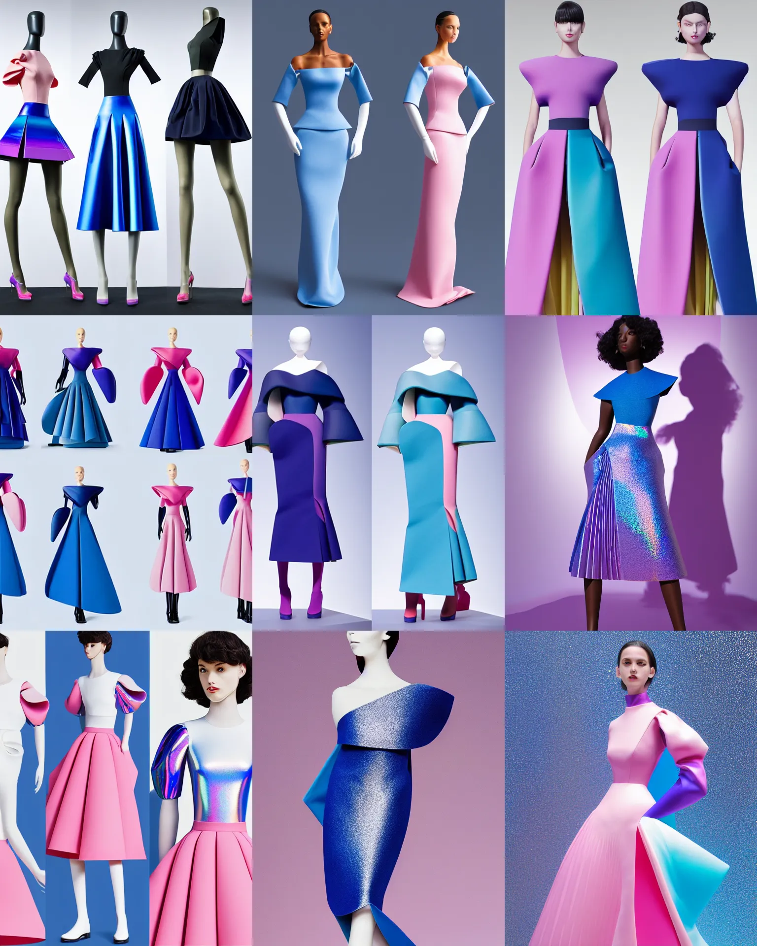 Prompt: designer figure collection ball shaped accordion sleeve haute couture, sailor uniform, midi skirt, coated pleats, synthetic curves striking pose, dynamic folds, cute pockets, volume flutter, youthful, modeled by modern designer bust, body fit, award fashion, picton blue, petal pink gradient scheme, light holographic tones, expert composition, high detail, professional retouch, editorial photography