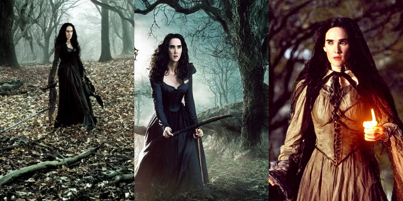 Prompt: Jennifer Connelly as a Witch in Time Burton's Sleepy Hollow, Film Still
