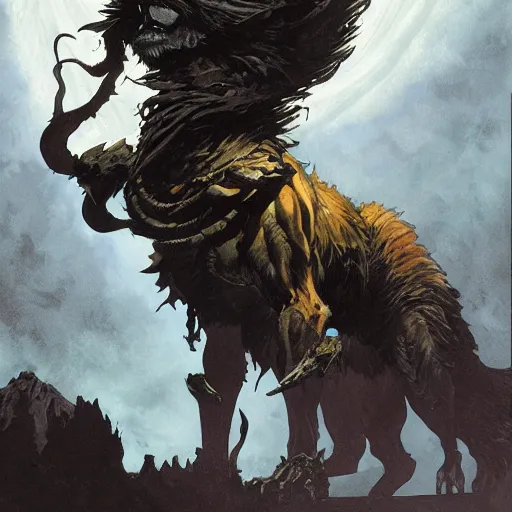 Image similar to king of the wolves. By Travis Charest, James Gurney, and Ashley Wood. dramatic lighting. Magic the gathering. digital painting.