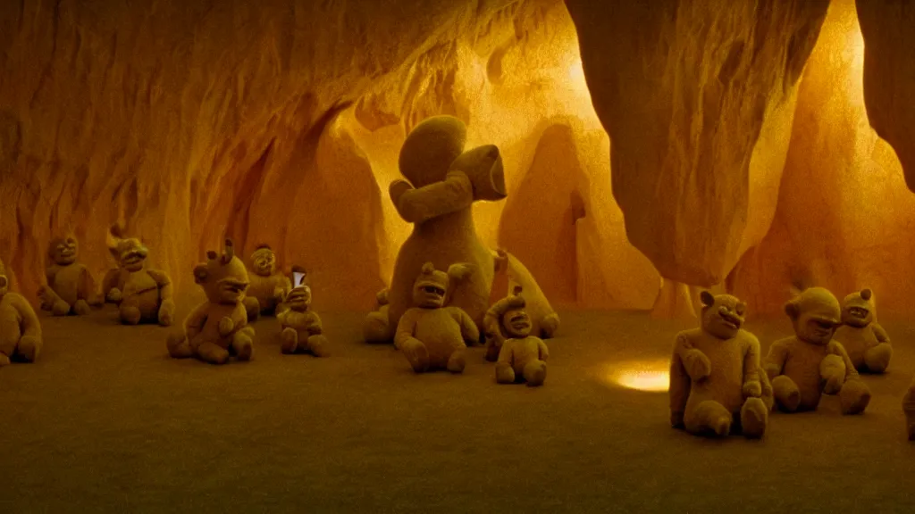 Image similar to Deranged Teletubbies form a cave out of their bodies , film still from the movie directed by Denis Villeneuve with art direction by Zdzisław Beksiński, wide lens