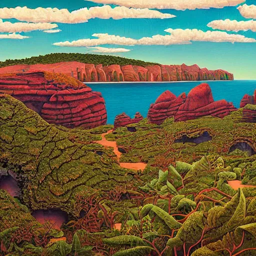 Image similar to painting of a lush natural scene on an alien planet by jeffrey smith. beautiful landscape. weird vegetation. cliffs and water.