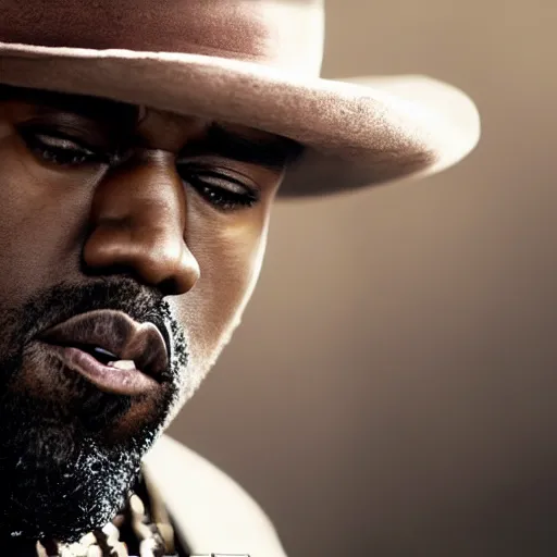 Image similar to Portrait of Kanye West as Django in 'Django Unchained', splash art, movie still, cinematic lighting, detailed face, dramatic, octane render, long lens, shallow depth of field, bokeh, anamorphic lens flare, 8k, hyper detailed, 35mm film grain