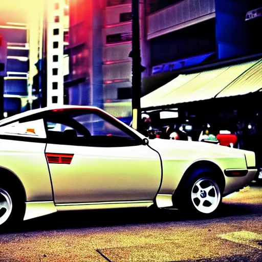 Image similar to a car Toyota Celica at carshow, Shibuya prefecture, city sunset, cinematic color, photorealistic, highly detailed