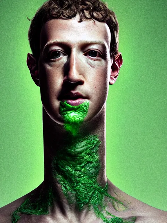 Image similar to portrait of a mark zuckerberg, skin peeling away to reveal bright green! reptile! skin!, art by ryo shiotani and greg rutkowski, intricate, beautiful, cinematic lighting, vintage art by serge ivanoff, high resolution, very detailed