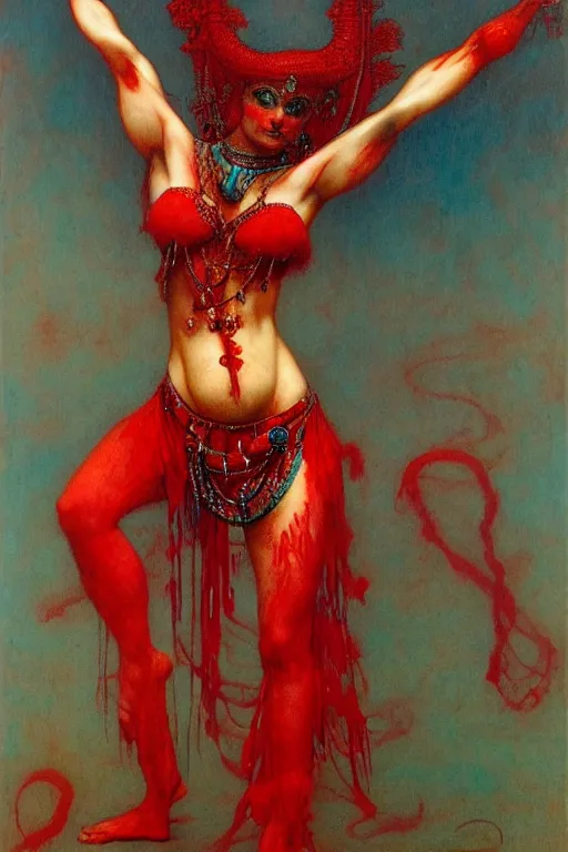 Image similar to red and turquoise raving bellydancer in the style of wayne barlowe, gustav moreau, goward, bussiere, roberto ferri, santiago caruso, luis ricardo falero, austin osman spare