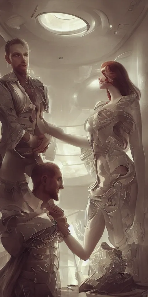 Image similar to sad couple in a futuristic home office, painted by artgerm and tom bagshaw, in the style of magic the gathering, intricate, highly detailed digital art