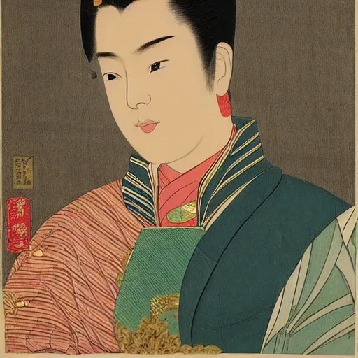 Image similar to jendral sudirman, utamaro kitagawa and raden saleh style