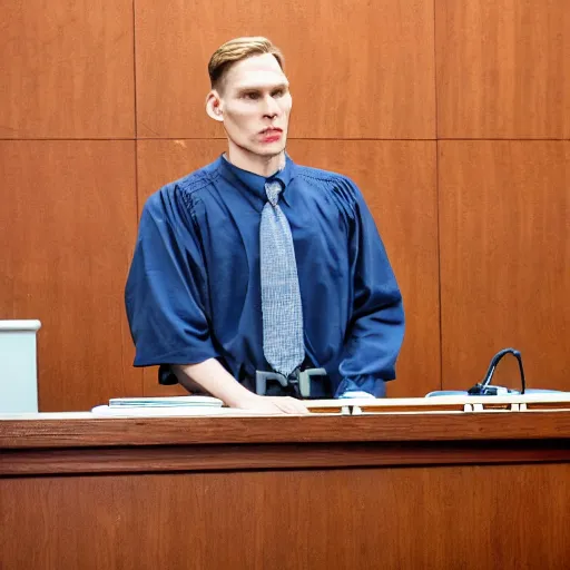 Image similar to jerma 9 8 5, still image of jerma 9 8 5 on trial, courtroom photo, courtroom interior background, detailed face