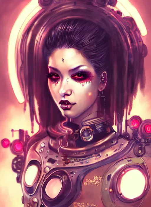 Image similar to soft lustrous ebony geisha seductive raver gutter punk steampunk cyborg, yakuza, golden ratio, details, scifi, fantasy, cyberpunk city, intricate, decadent, highly detailed, octane render, digital painting, artstation, concept art, sharp focus, illustration, art by artgerm, loish, wlop