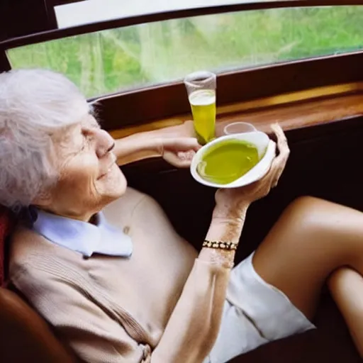 Image similar to beautiful woman 40 old year sit on coach and drink green tea