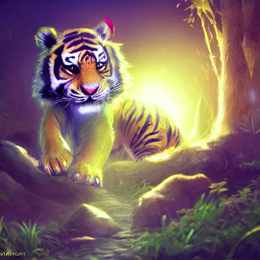 Image similar to adorable glowing tiger, trending on art station, cute, big eyes, matte painting, concept art, pixar, disney, highly detailed, cinematic composition, unreal engine, sharp focus, realistic