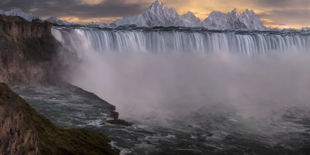 Image similar to cascade of multiple gigantic niagara falls in the himalaya, epic mountains, early dawn, fantasy illustration, matte painting, concept art, low angle shot, volumetric lighting, volumetric atmosphere, morning mist, art by james gurney, unreal engine 5, 8 k