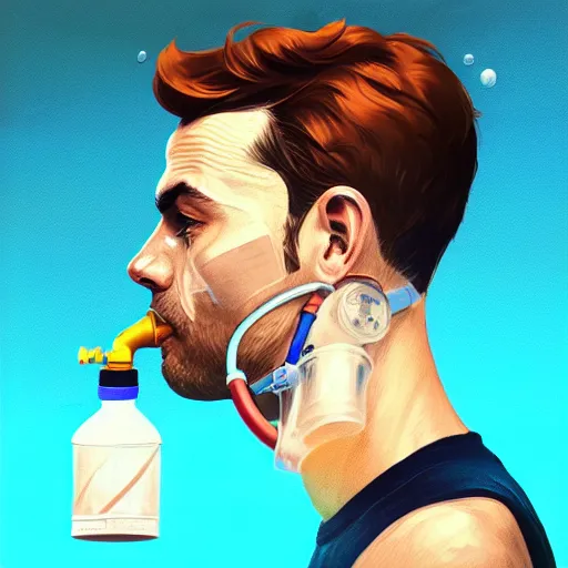 Image similar to a profile photo of a man with oxygen mask, side profile in underwater, highly detailed, digital painting, artstation, concept art, smooth, sharp focus, illustration by Sandra Chevrier