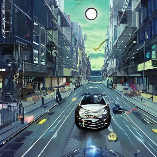 Prompt: solarpunk vehicle flying through solar punk city streets