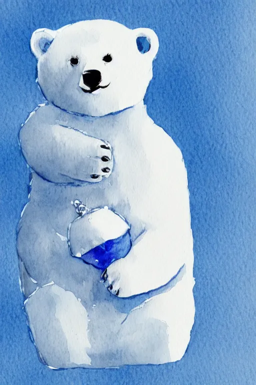 Image similar to a cute anime polar bear in a blue and white porcelain vase, watercolor, white background, lovely