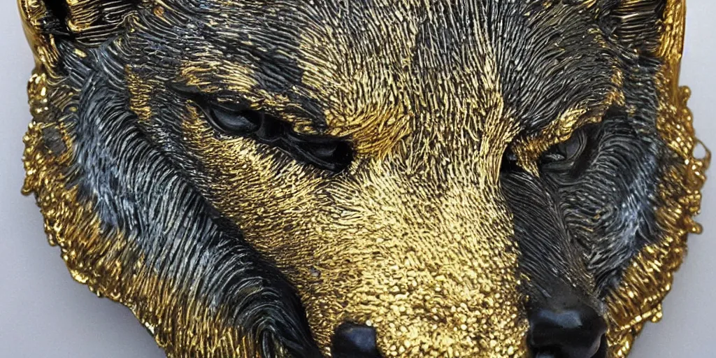 Image similar to gorgeous wolf statue portrait with gold filigree