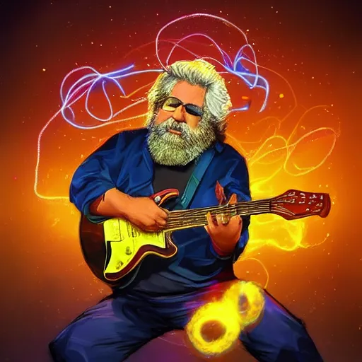 Image similar to a Jerry Garcia guitarist playing so intensely there is electricity shooting out from his guitar, energy beams under his finger tips, and magic sparkles from the freboard, amazing ditial art, trending on artstation, featured on deviantart