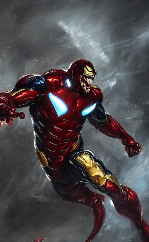 Image similar to venom as ironman, dynamic lighting, photorealistic fantasy concept art, trending on art station, stunning visuals, terrifying, creative, cinematic